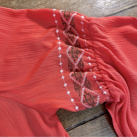 GNW Peasant Blouse Embroidered Boho Top Tassle Tie V neck Medium Tangerine - Picture 7 of 11